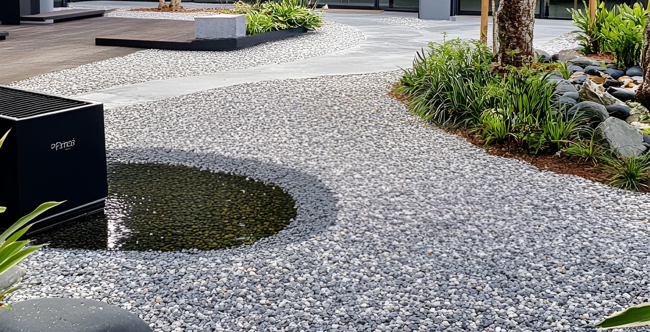 Courtyard of pale grey stone surface around a round pool and planted beds, with a smooth pale path, a tree trunk and a timber deck behind